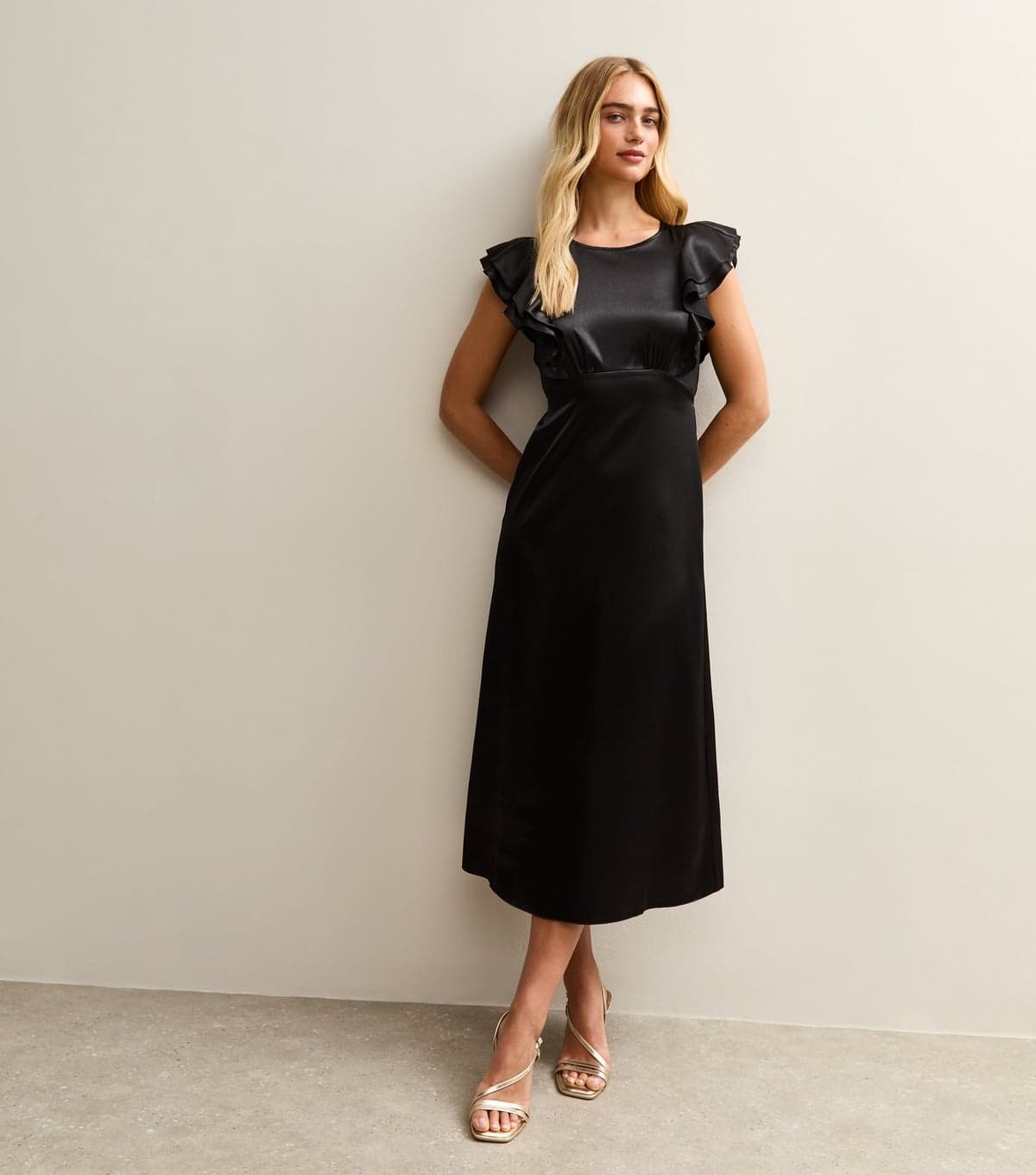 New Look Women's Black Satin Ruffled Sleeve Midi Dress New Look