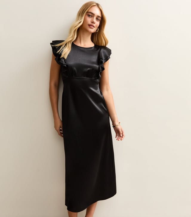New Look Women's Black Satin Ruffled Sleeve Midi Dress New Look - 3