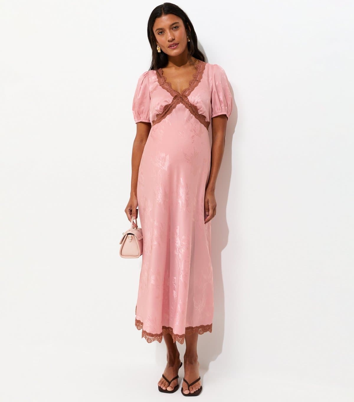 New Look Women's Maternity Light Pink Satin Lace Trim Jacquard Midi Dress New Look
