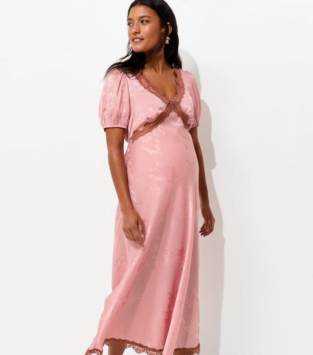New Look Women's Maternity Light Pink Satin Lace Trim Jacquard Midi Dress New Look - 2
