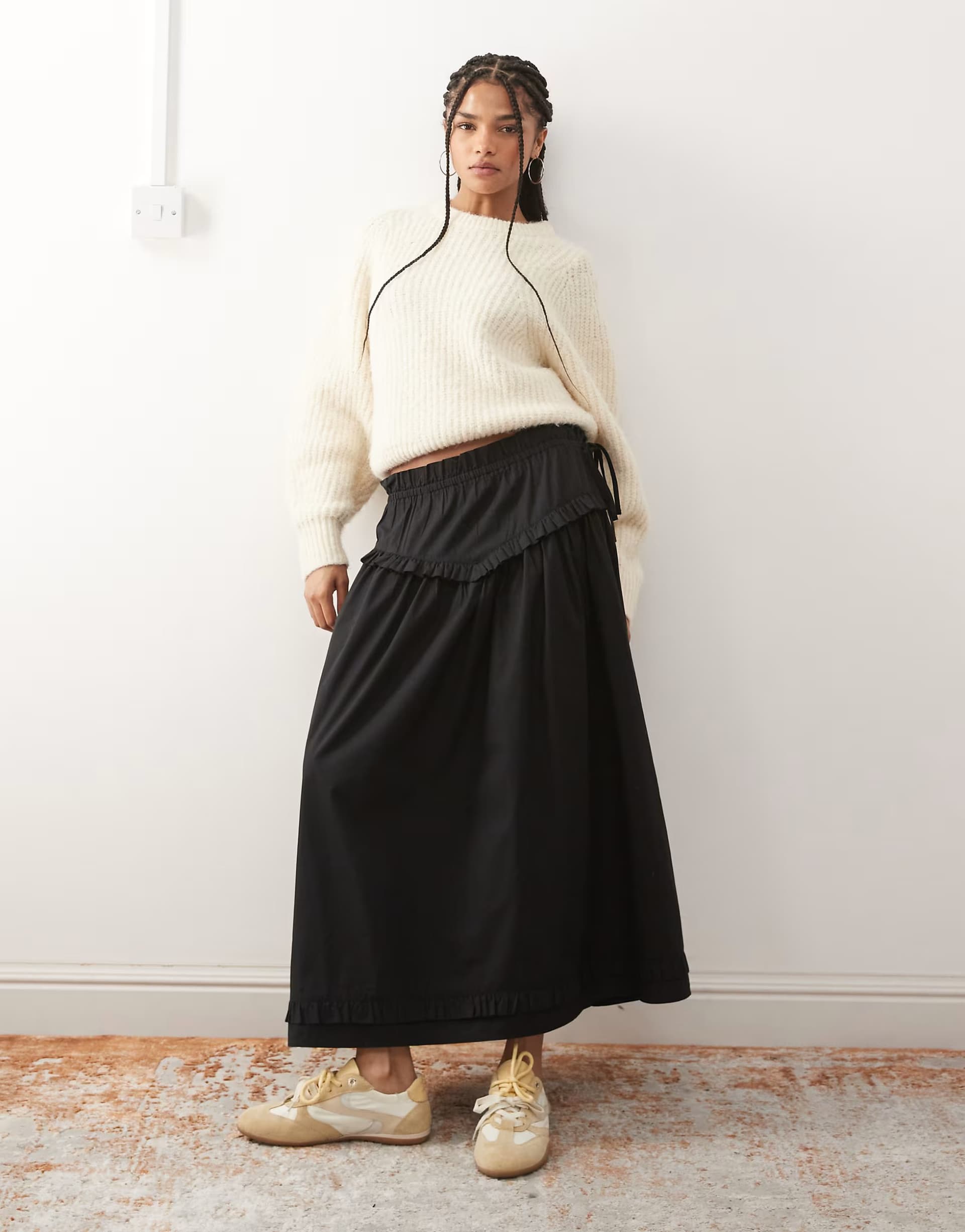 ASOS Reclaimed Vintage full midi skirt with ruffle detail on waist and hem in black