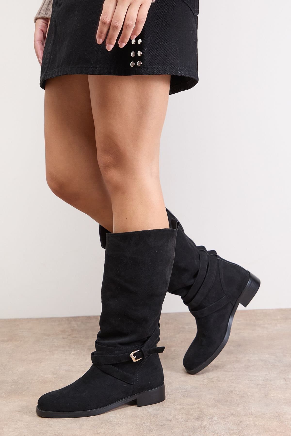 Oasis Oasis Women's Ava Faux Suede Mid-Calf Buckle Boots in Natural Black