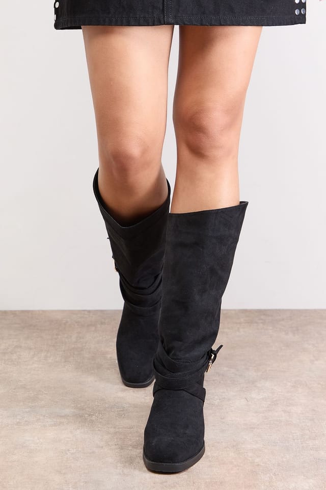 Oasis Oasis Women's Ava Faux Suede Mid-Calf Buckle Boots in Natural Black - 3