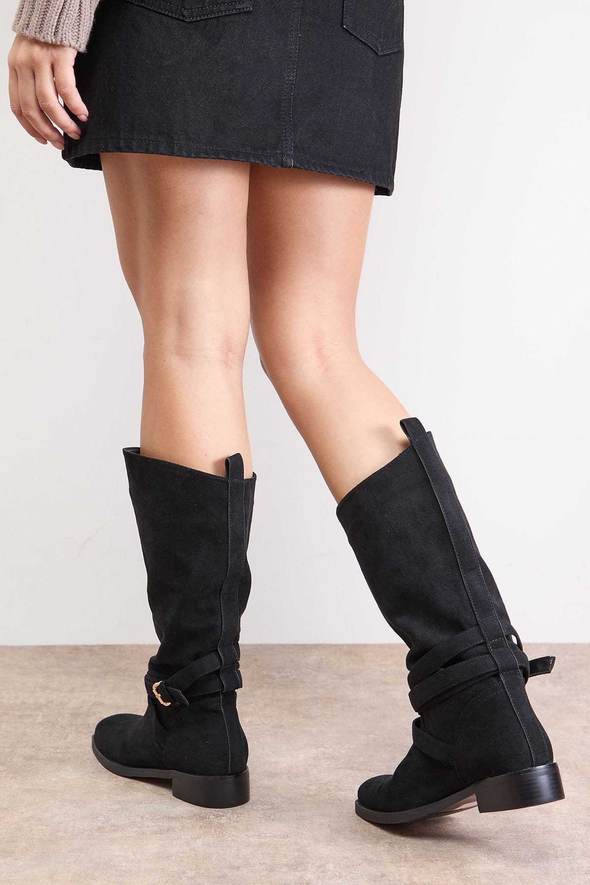 Oasis Oasis Women's Ava Faux Suede Mid-Calf Buckle Boots in Natural Black - 4