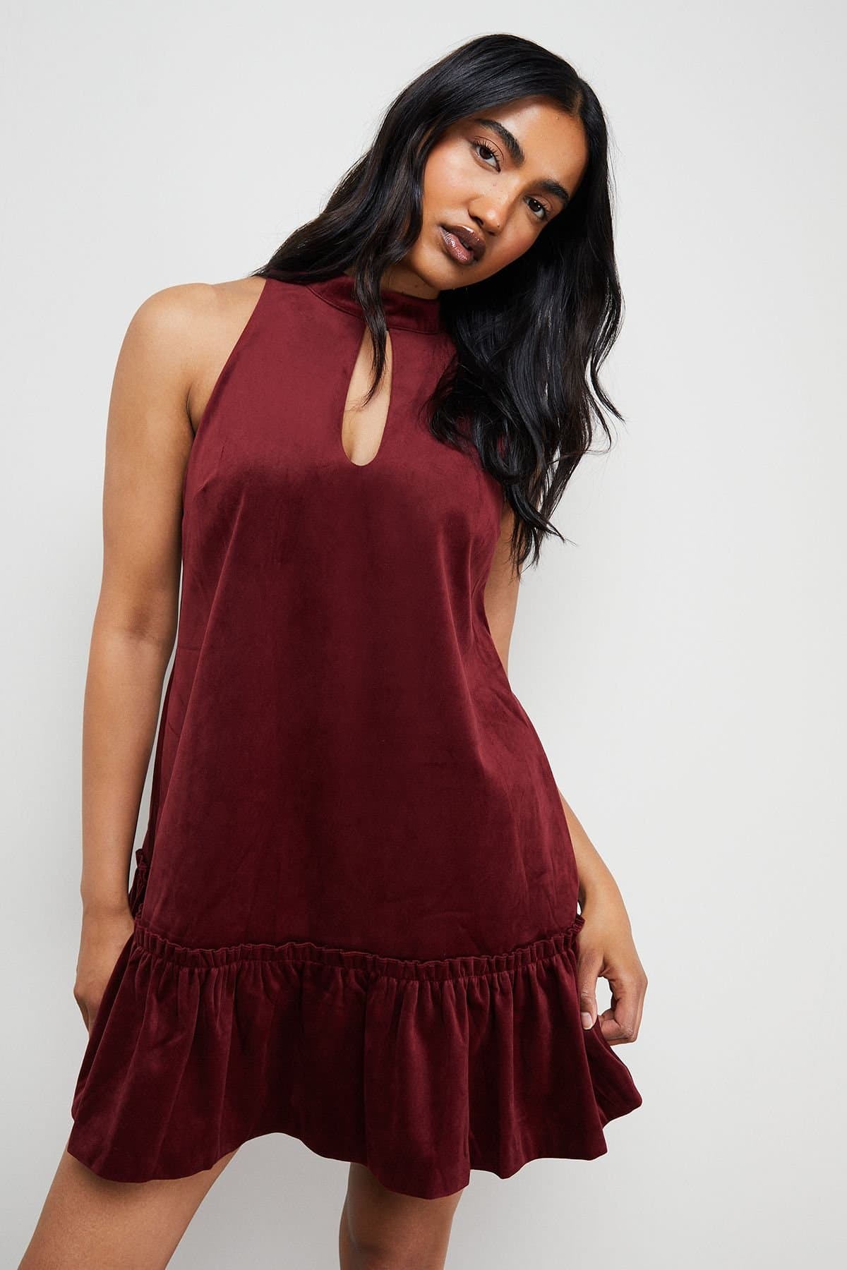 Warehouse Warehouse Women's Bonded Velvet High Neck Mini Dress in Red