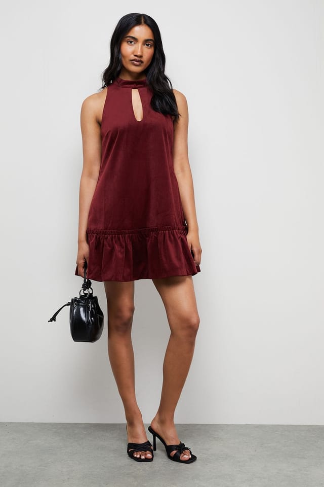 Warehouse Warehouse Women's Bonded Velvet High Neck Mini Dress in Red - 2