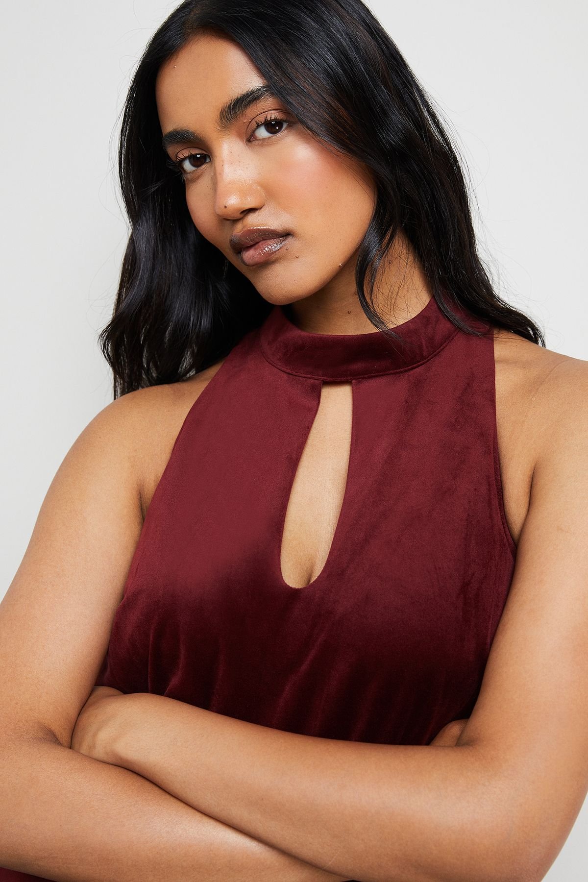 Warehouse Warehouse Women's Bonded Velvet High Neck Mini Dress in Red - 4