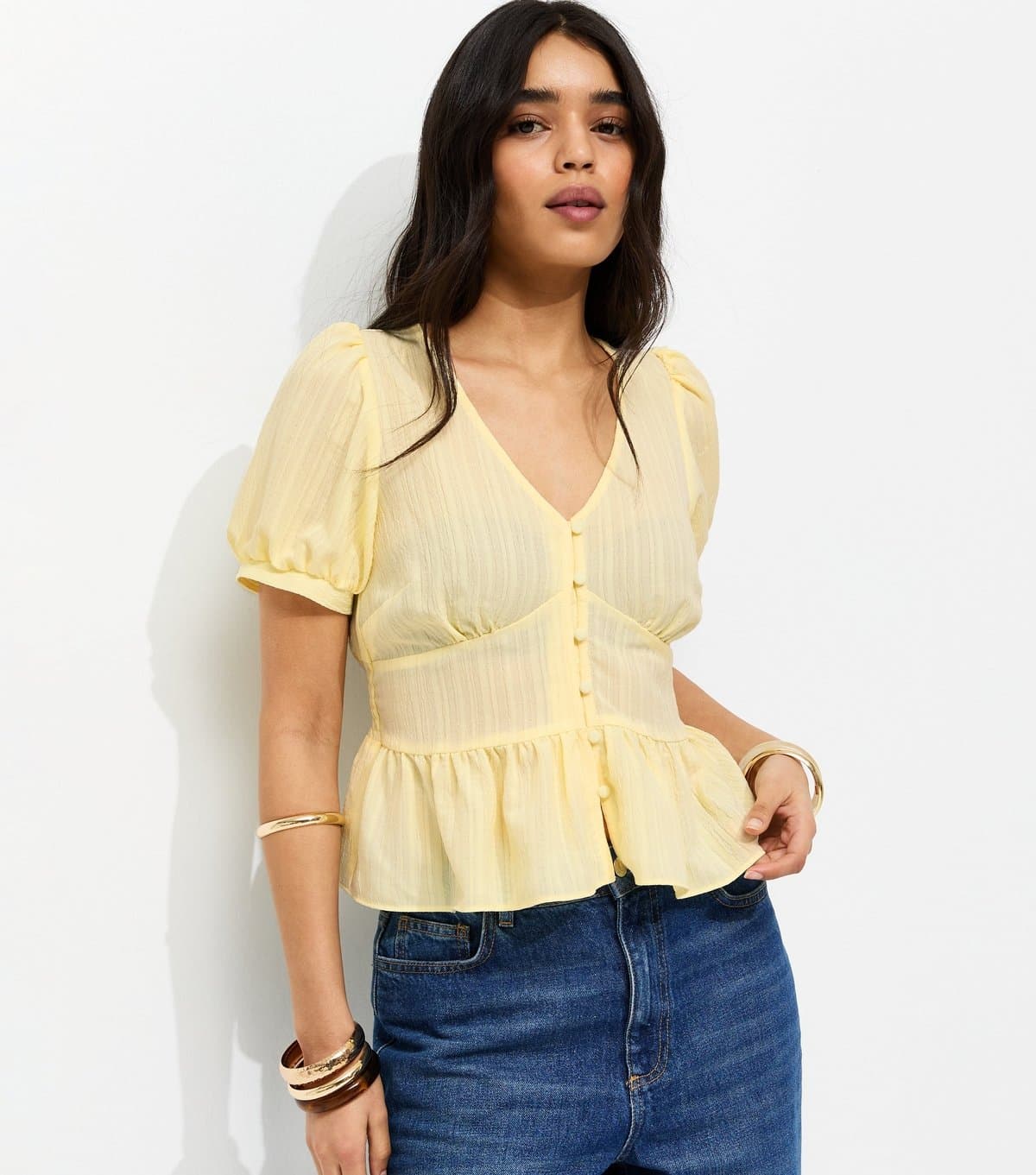 New Look Women's Light Yellow V Neck Tea Blouse New Look