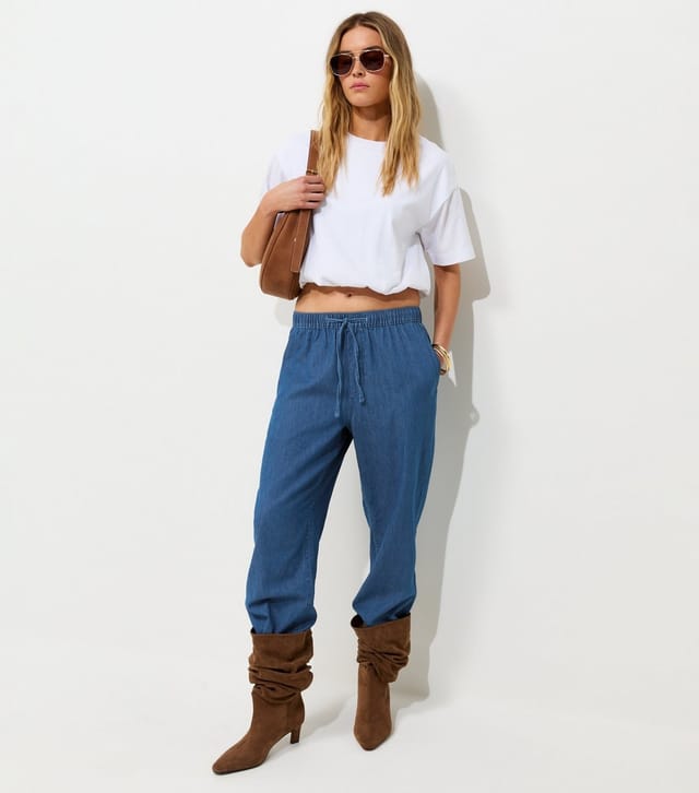 New Look Women's Blue Chambray Tapered Drawstring Trousers New Look - 2