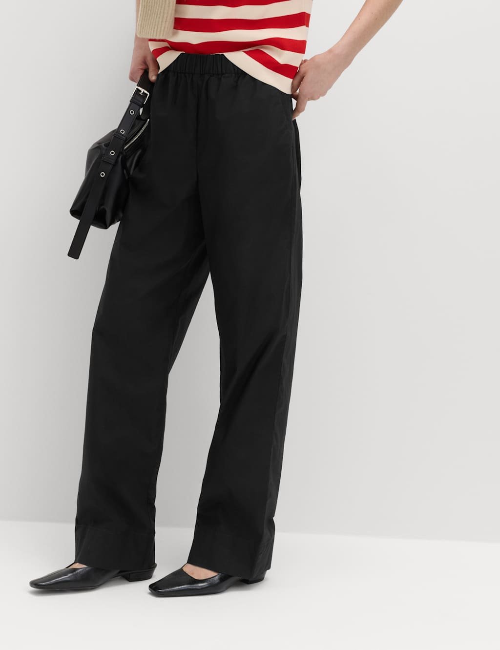 Marks & Spencer M&S Pure Cotton Poplin Pull On Straight Leg Trousers Black - 3