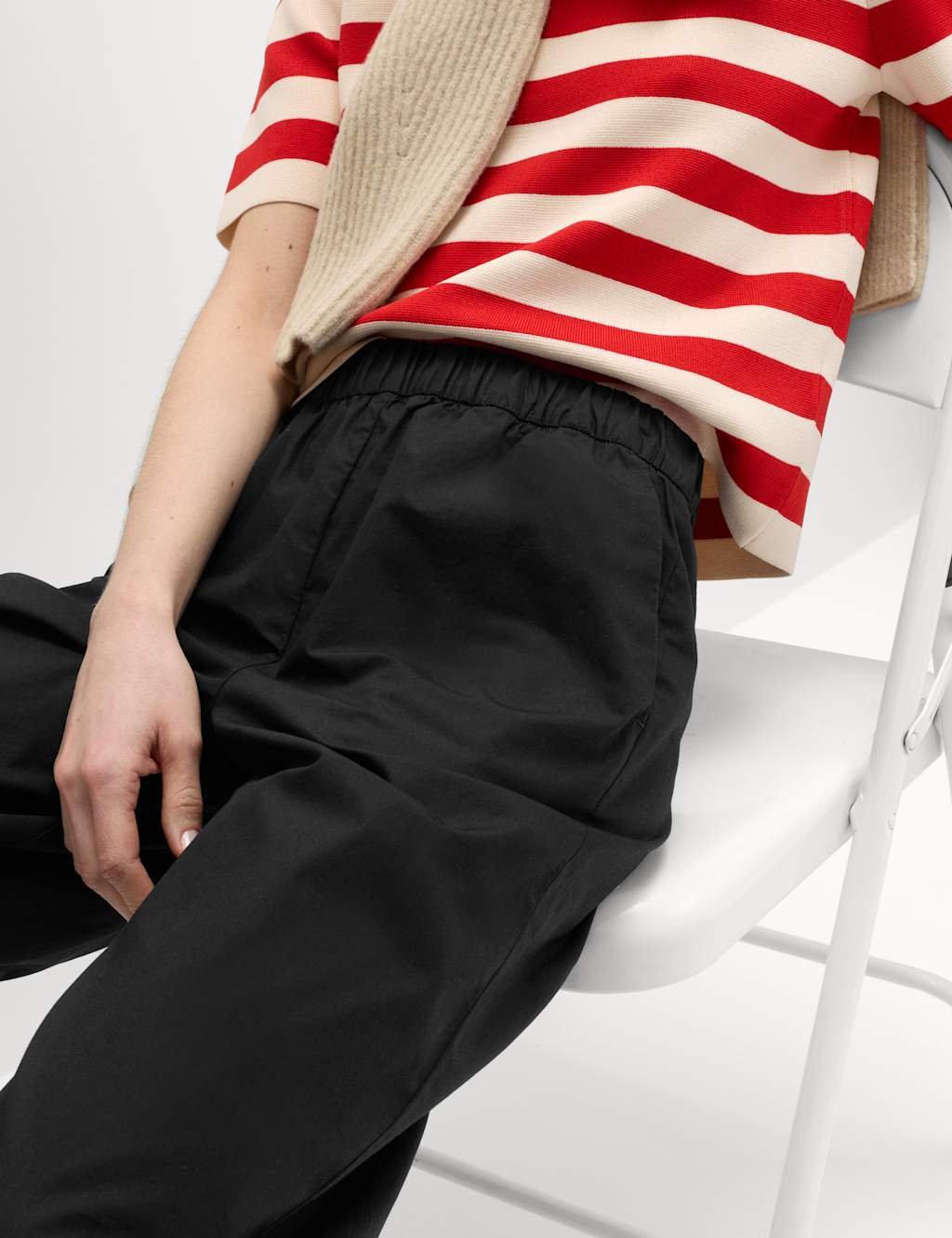 Marks & Spencer M&S Pure Cotton Poplin Pull On Straight Leg Trousers Black - 4