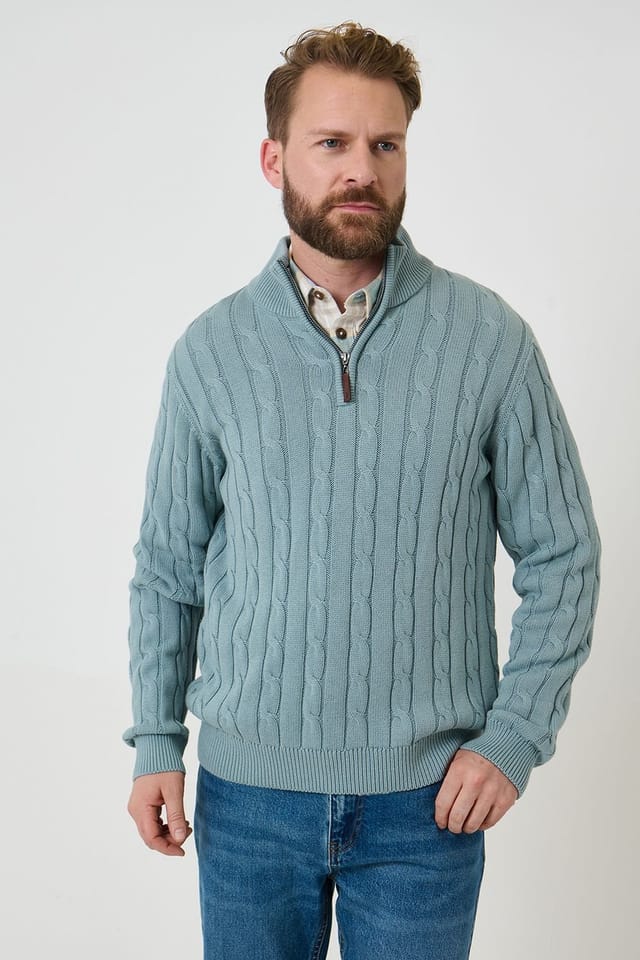 Saltwell Saltwell Men's Cable Knit Quarter Zip Jumper in Teal - 3