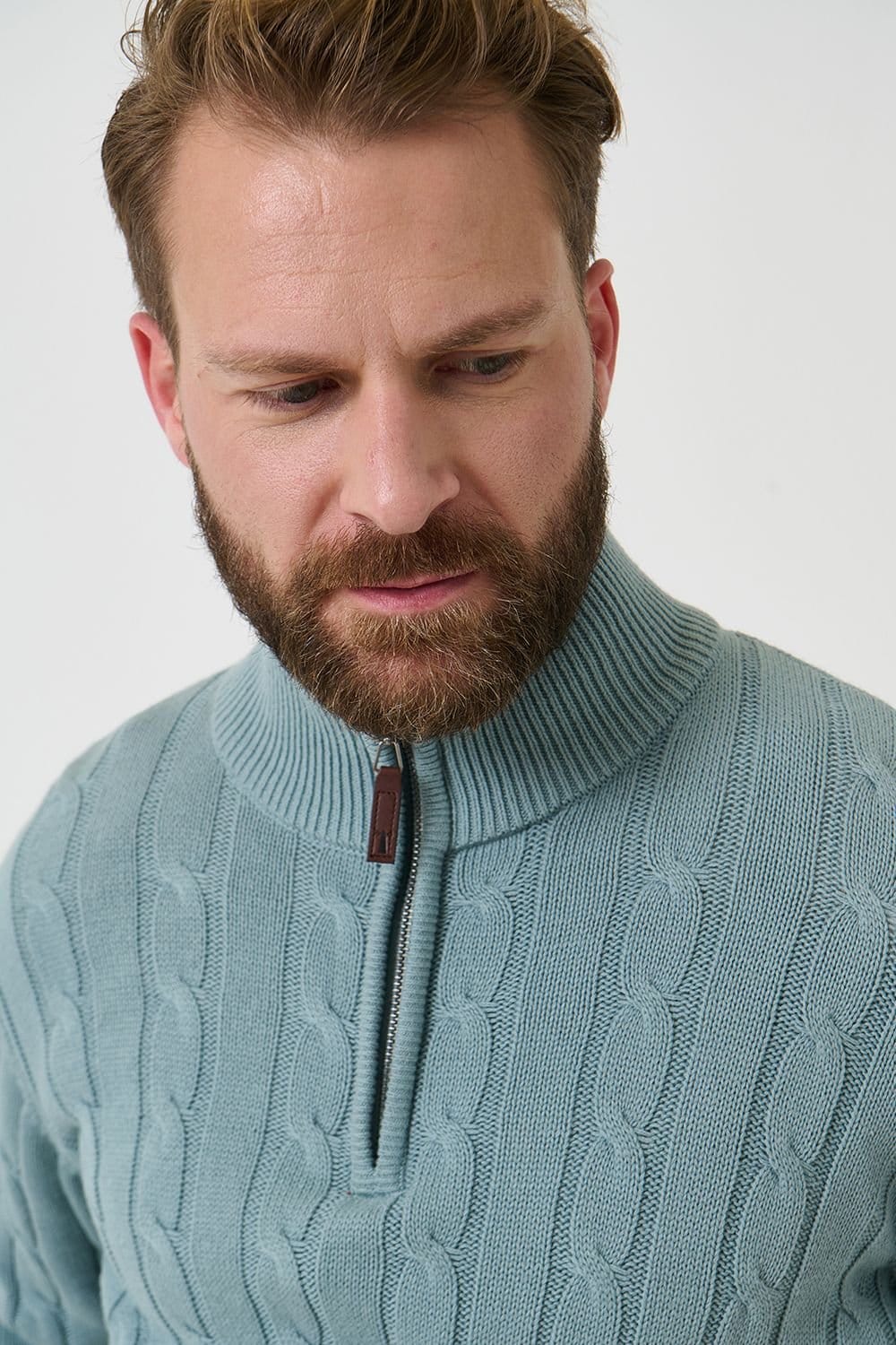 Saltwell Saltwell Men's Cable Knit Quarter Zip Jumper in Teal - 4