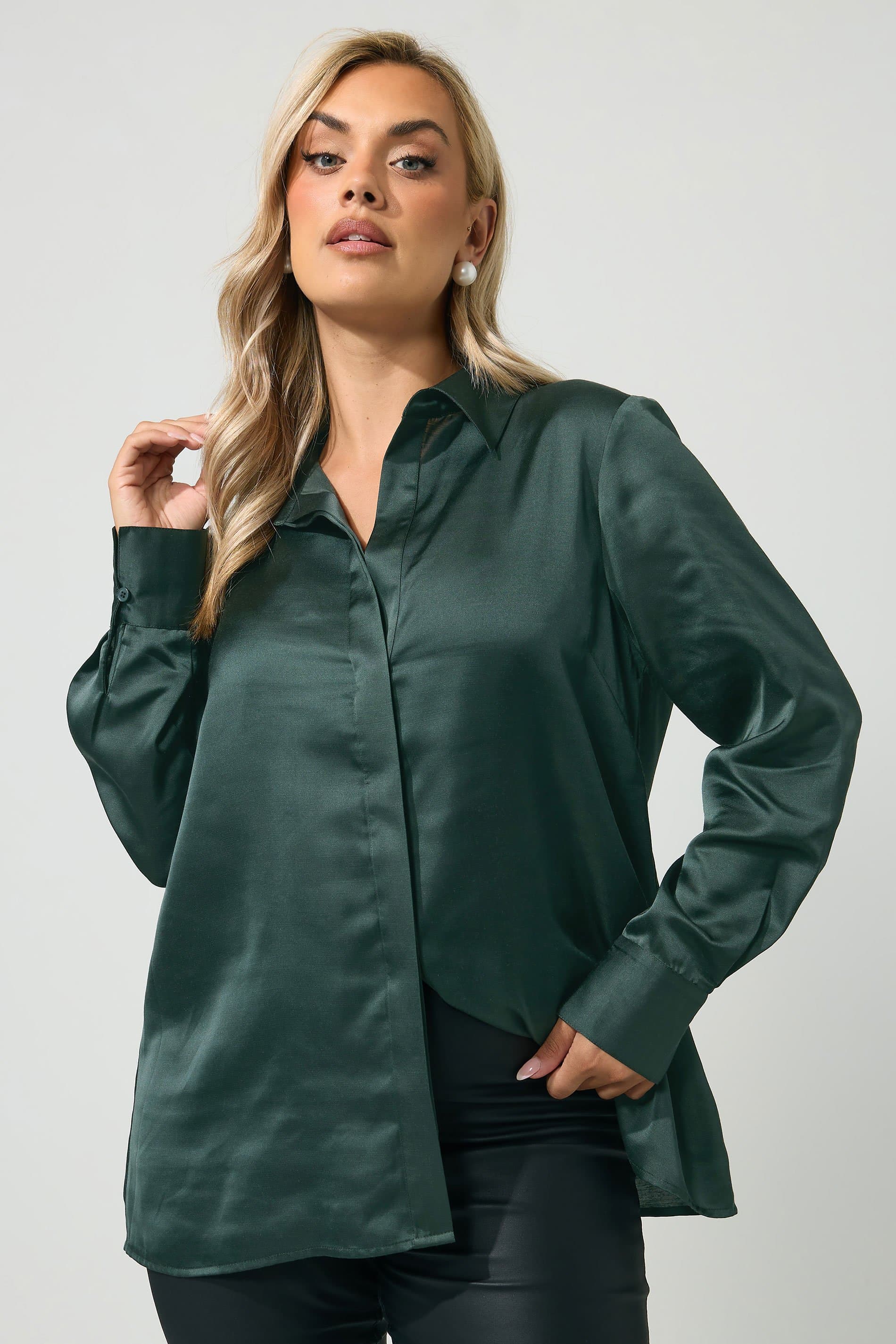 Yours London Plus Size Green Satin Open Collar Shirt