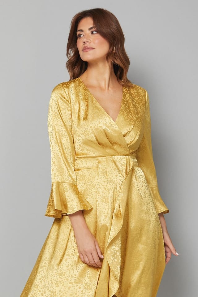 Wallis Wallis Women's Satin Jacquard Wrap Ruffle Dress in Mustard - 2