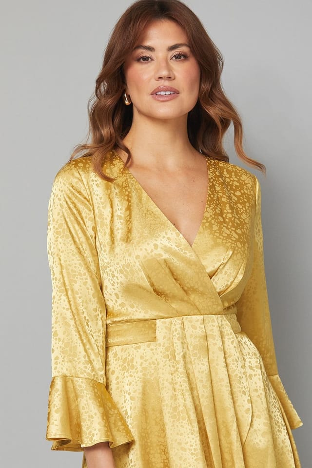 Wallis Wallis Women's Satin Jacquard Wrap Ruffle Dress in Mustard - 3