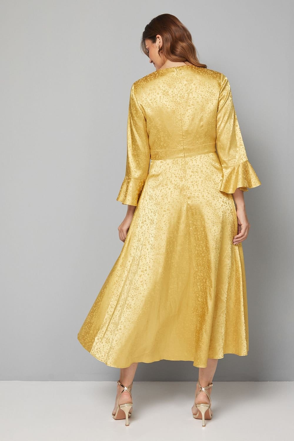 Wallis Wallis Women's Satin Jacquard Wrap Ruffle Dress in Mustard - 4