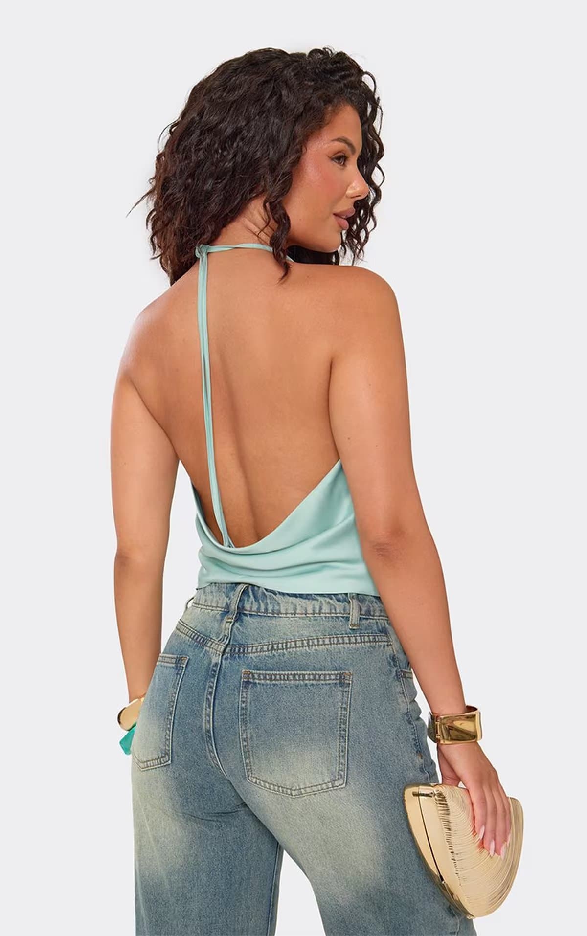 EGO Halterneck Trim Detail Top In Aqua Blue Satin, Women's Size UK 6