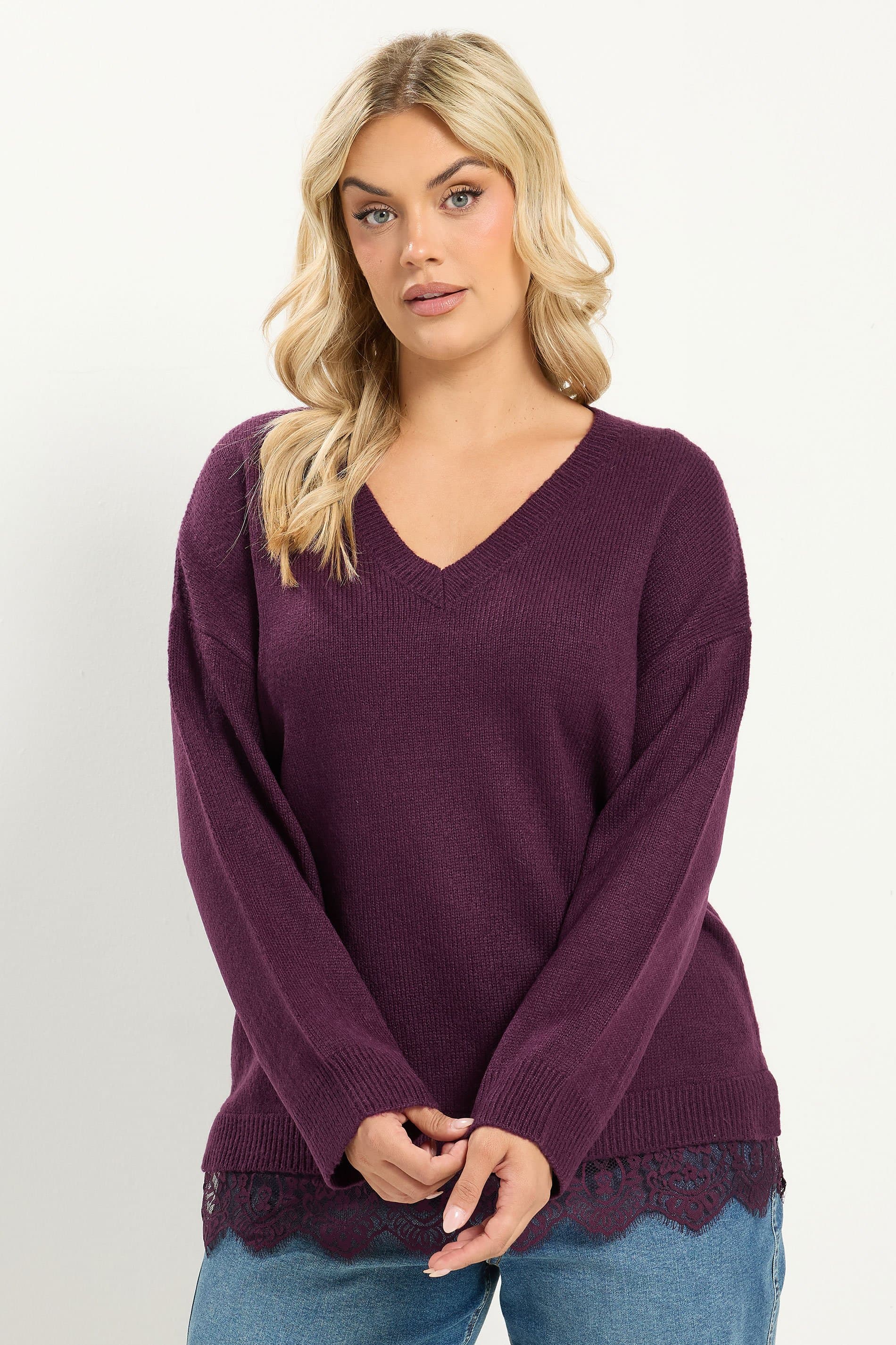 Yours Plus Size Purple Lace Hem Knitted Jumper