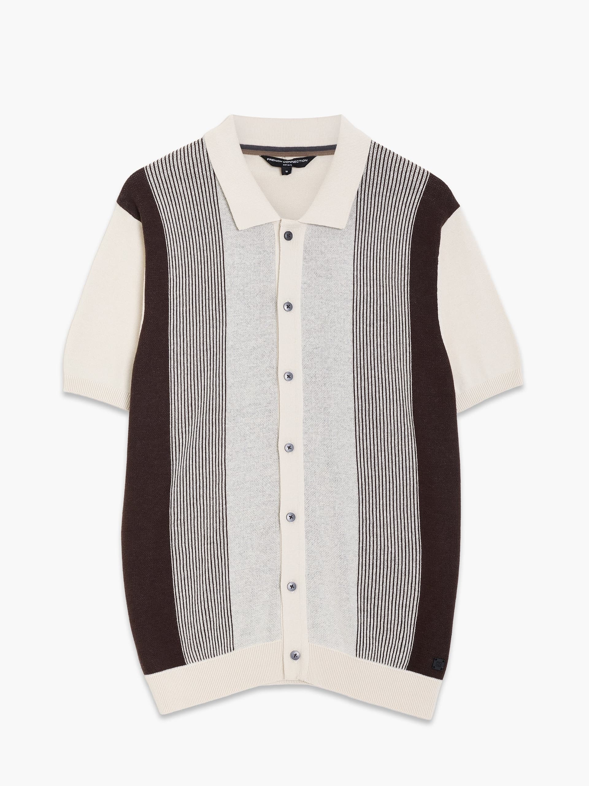 French Connection Short Sleeve Retro Stripe Knit Polo Shirt Chocolate Brown/Ecru