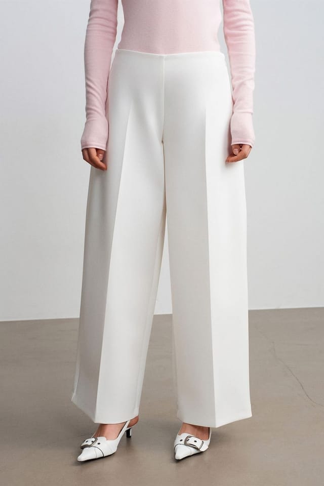 Dilvin Dilvin Women's High-Waist Wide-Leg Crepe Trousers in Off-White - 3