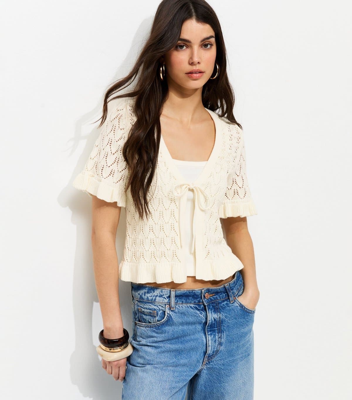 New Look Women's Cream Front Tie Short Sleeve Crochet Cardigan New Look