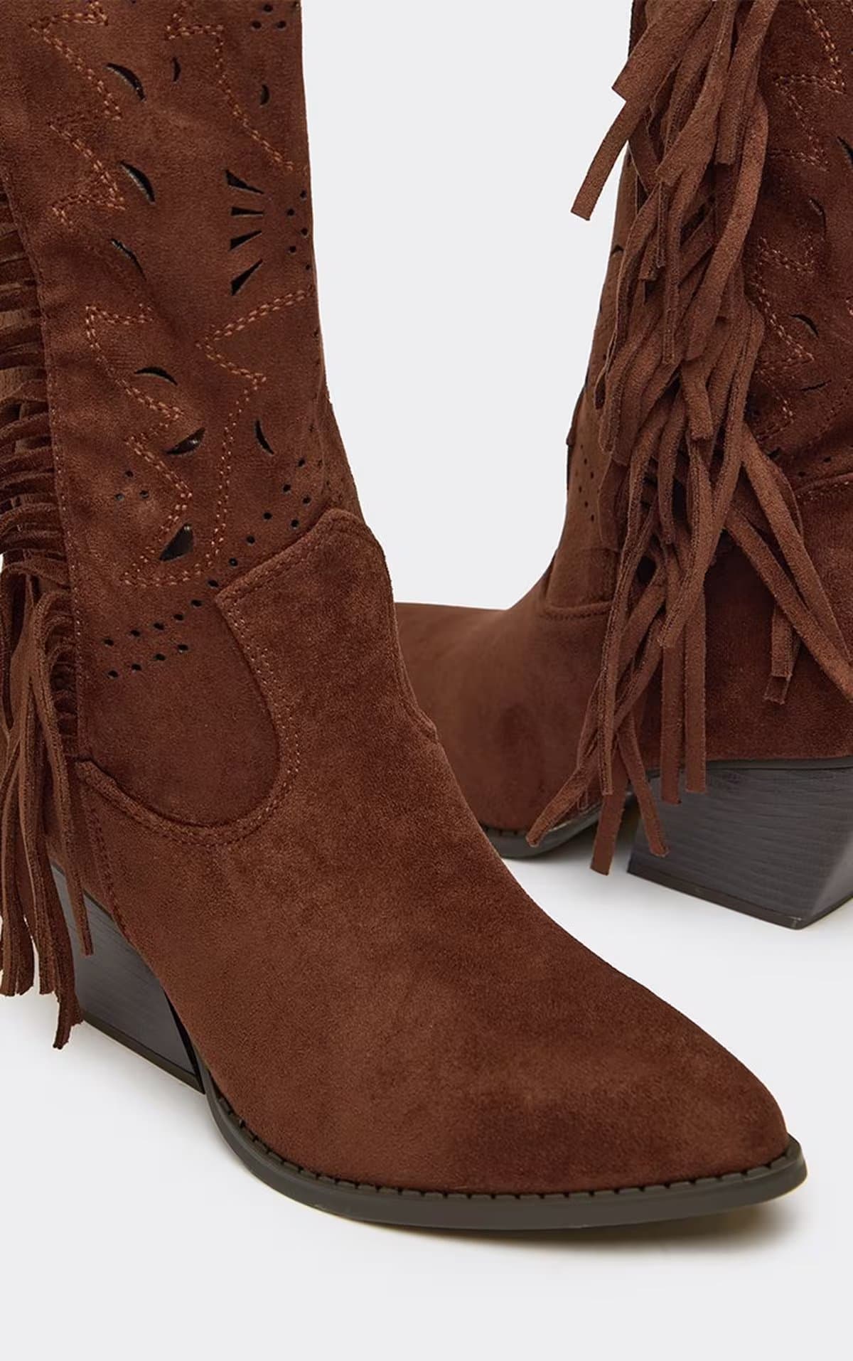 EGO Vadena Tassel Detail Pointed Toe Western Cowboy Boot In Brown Faux Suede, Women's Size UK 3