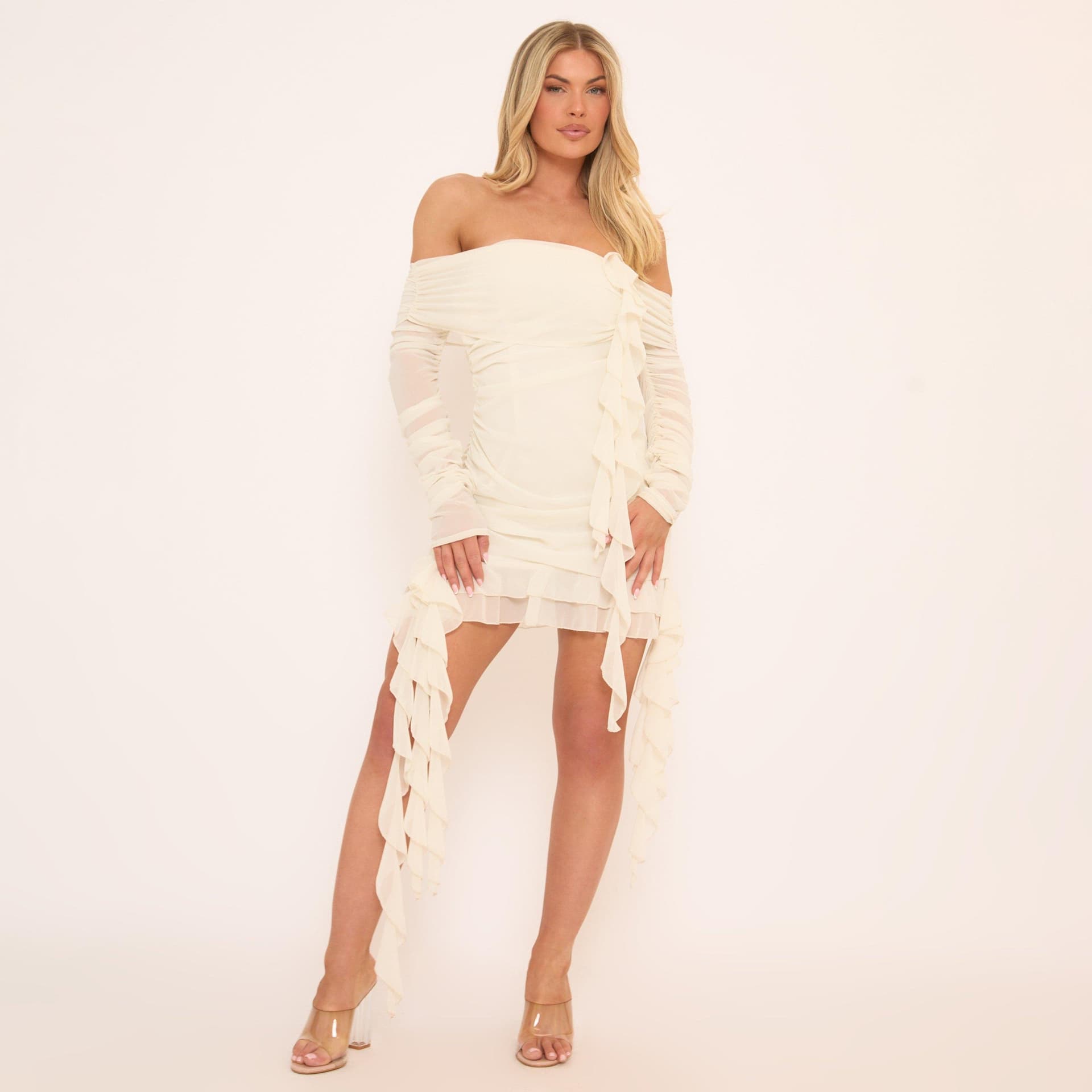 EGO Bardot Draped Frill Detail Ruched Mini Dress In Cream, Women's Size UK 6