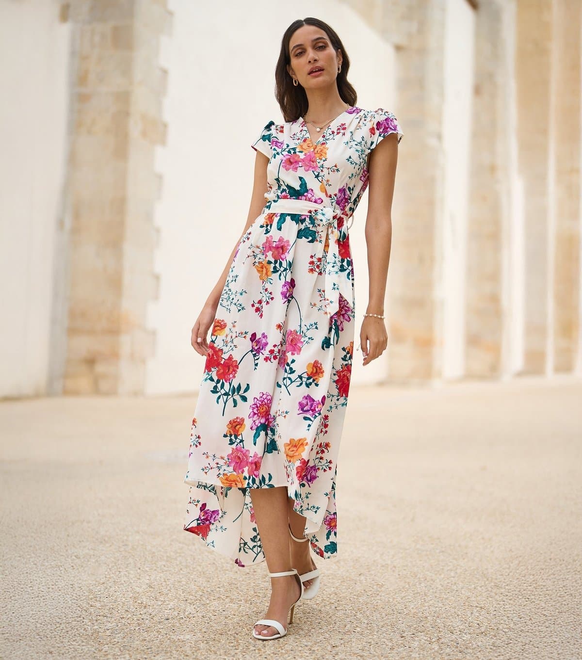 Yumi Women's White Floral Print Wrap Front Belted Midi Dress Yumi New Look