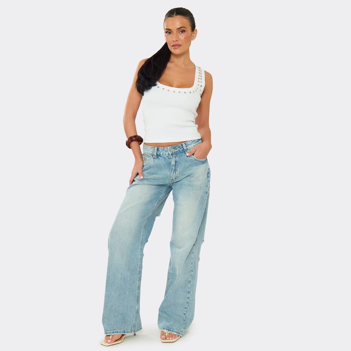 EGO Mid Rise Wide Leg Distressed Ripped Jeans In Light Blue Wash Denim, Women's Size UK 6 - 1