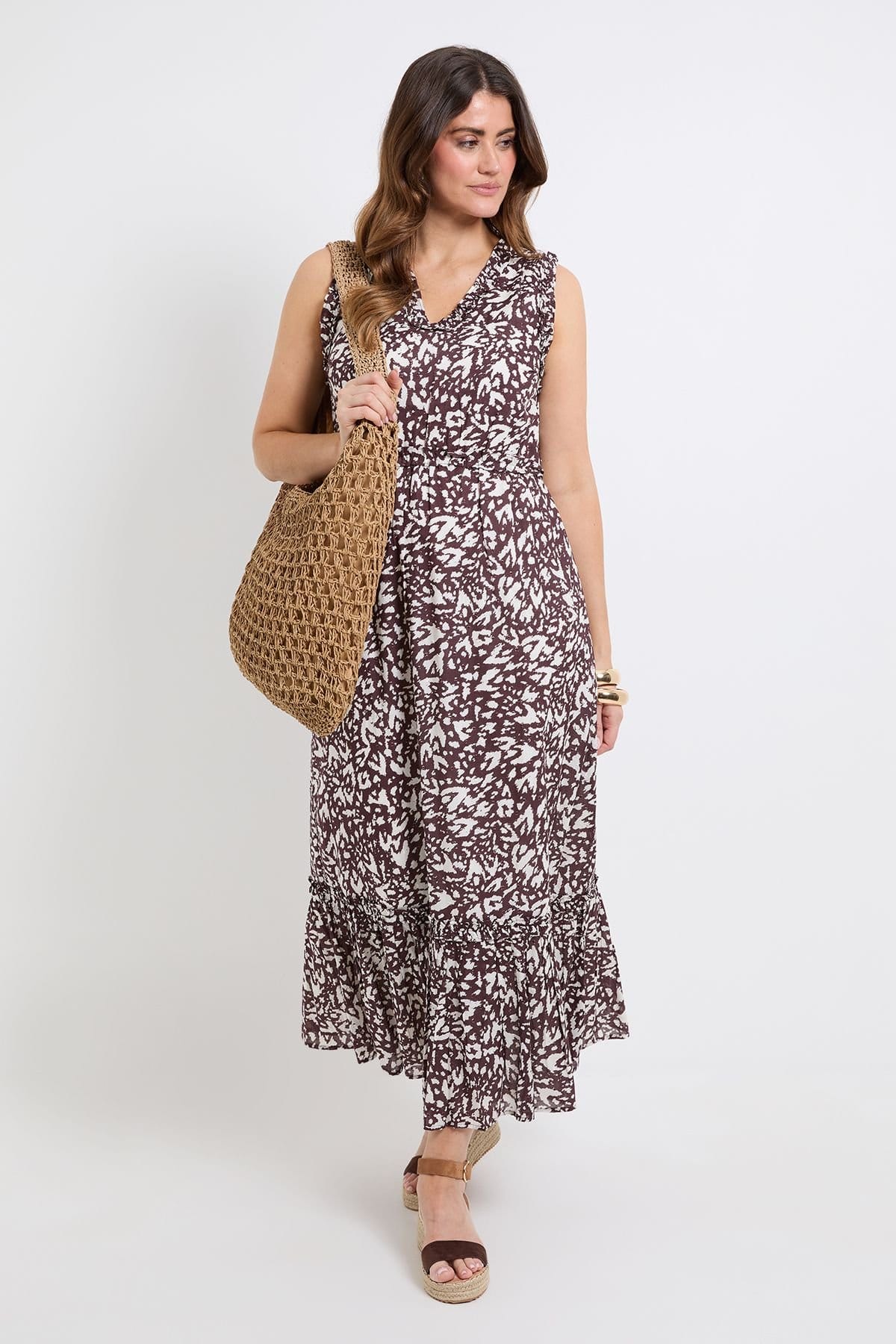 Wallis Women's Summer Abstract Cotton Dobby Maxi Dress in Brown
