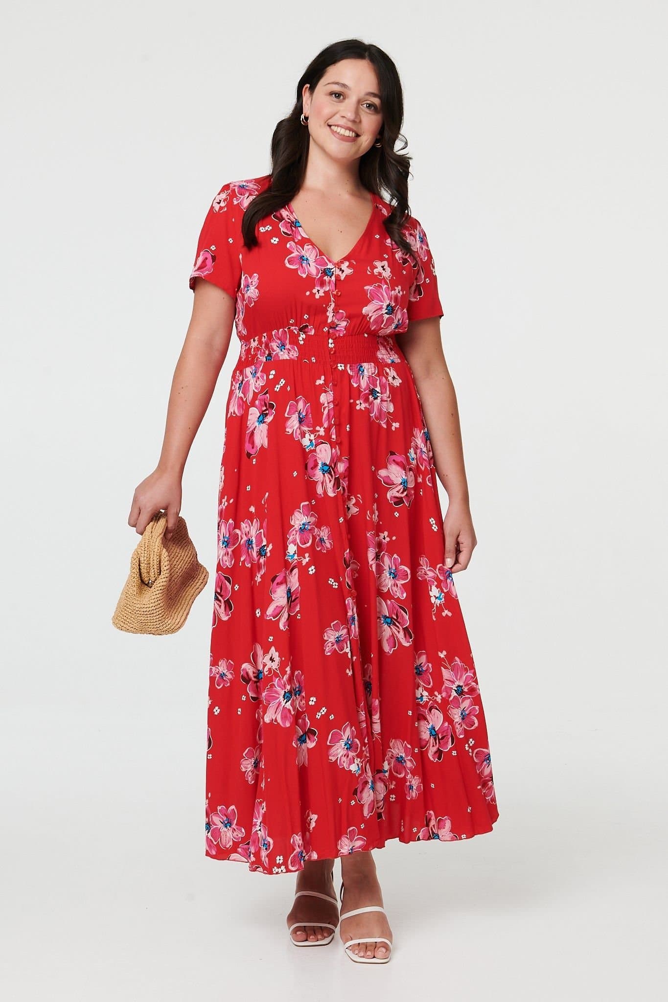 Izabel London Izabel London Women's Curve Floral Short Sleeve Maxi Dress in Red