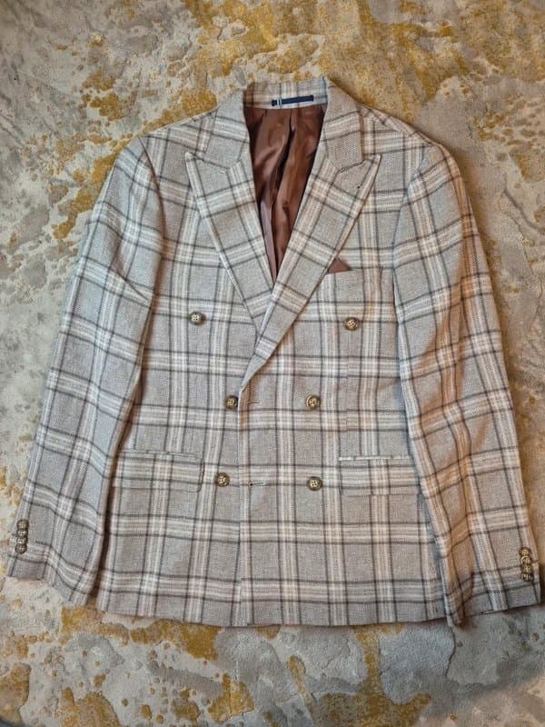 Harry Brown wedding linen suit in beige check