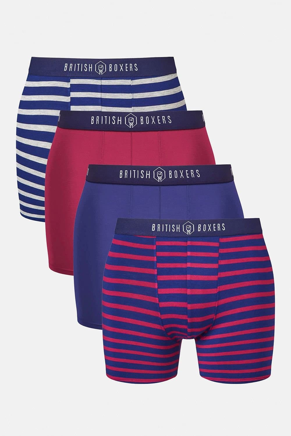 British Boxers British Boxers Men's Pack of Four "Hoopla Stripes" Bamboo Stretch Trunks in Dark Red