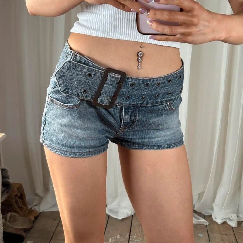 Topshop Moto Y2K denim buckle micro mini shorts old label moto Topshop