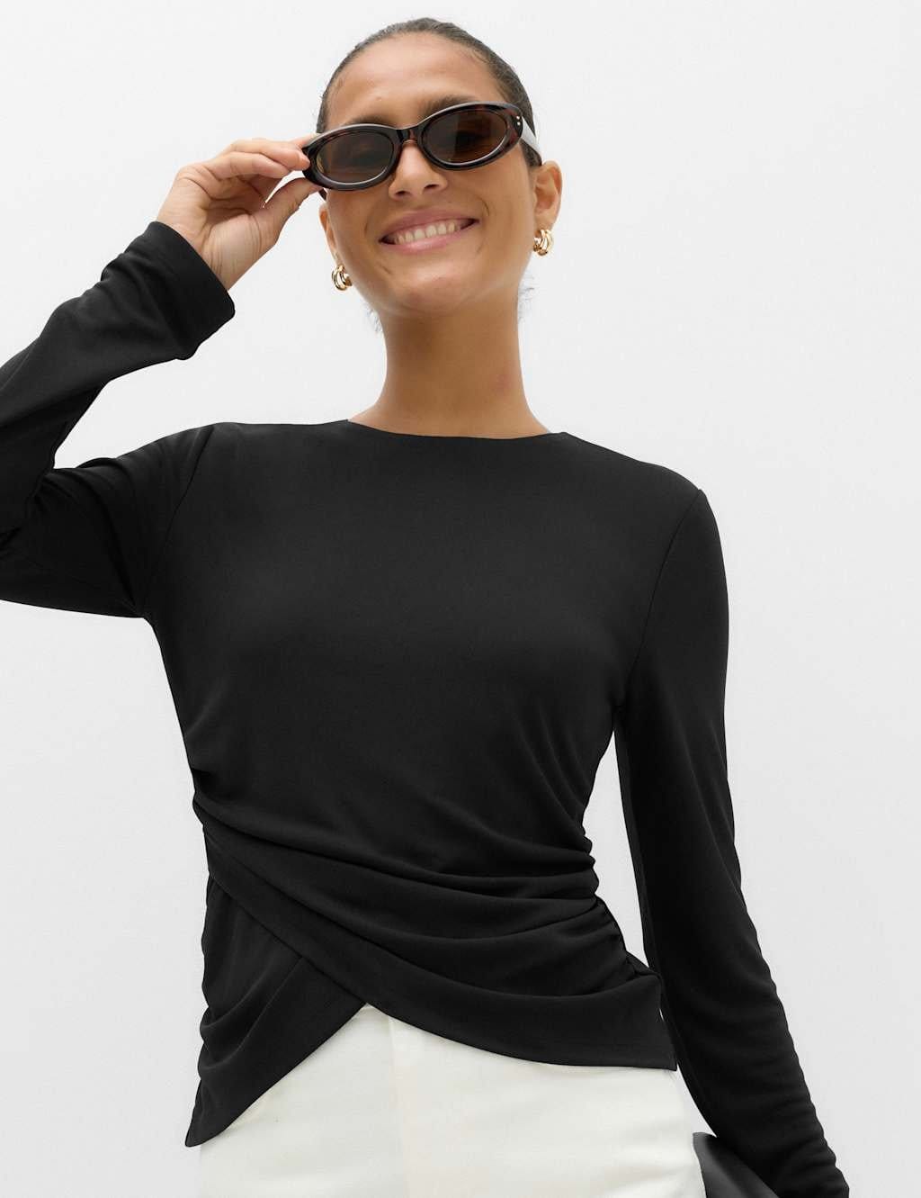 Marks & Spencer M&S Long Sleeve Wrap Hem Top Black - 1