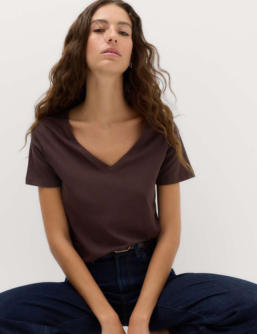 Marks & Spencer M&S Dark Chocolate Cotton V-Neck T-Shirt