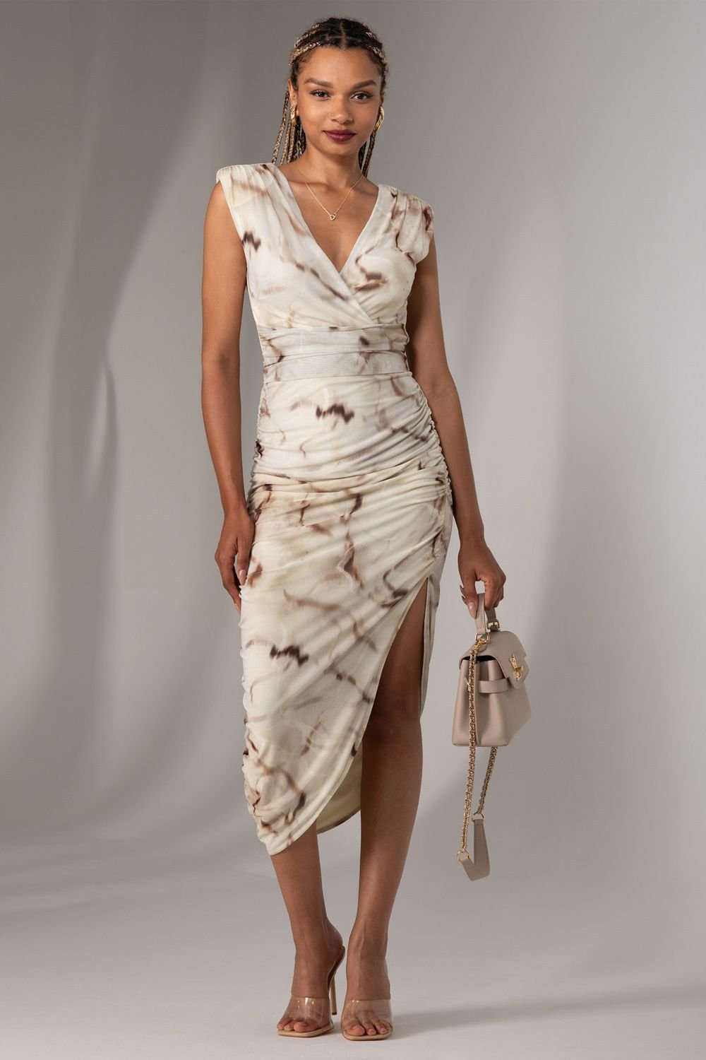 Jolie Moi Jolie Moi Women's Katrina Sleeveless Ruched Bodycon Dress in Khaki - 4