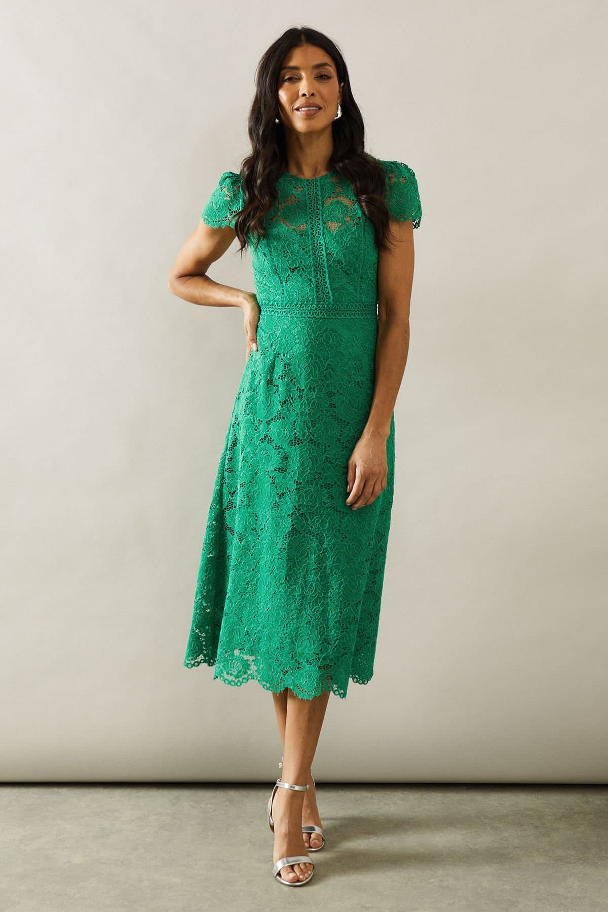Wallis Wallis Women's Lace Fit & Flare Midi Dress in Green