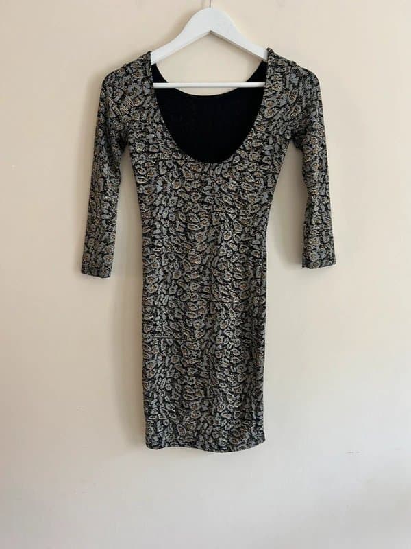 Topshop 🖤 Topshop glitter animal print bodycon mini dress UK 6stretch fit scoop back sparkly & party ready