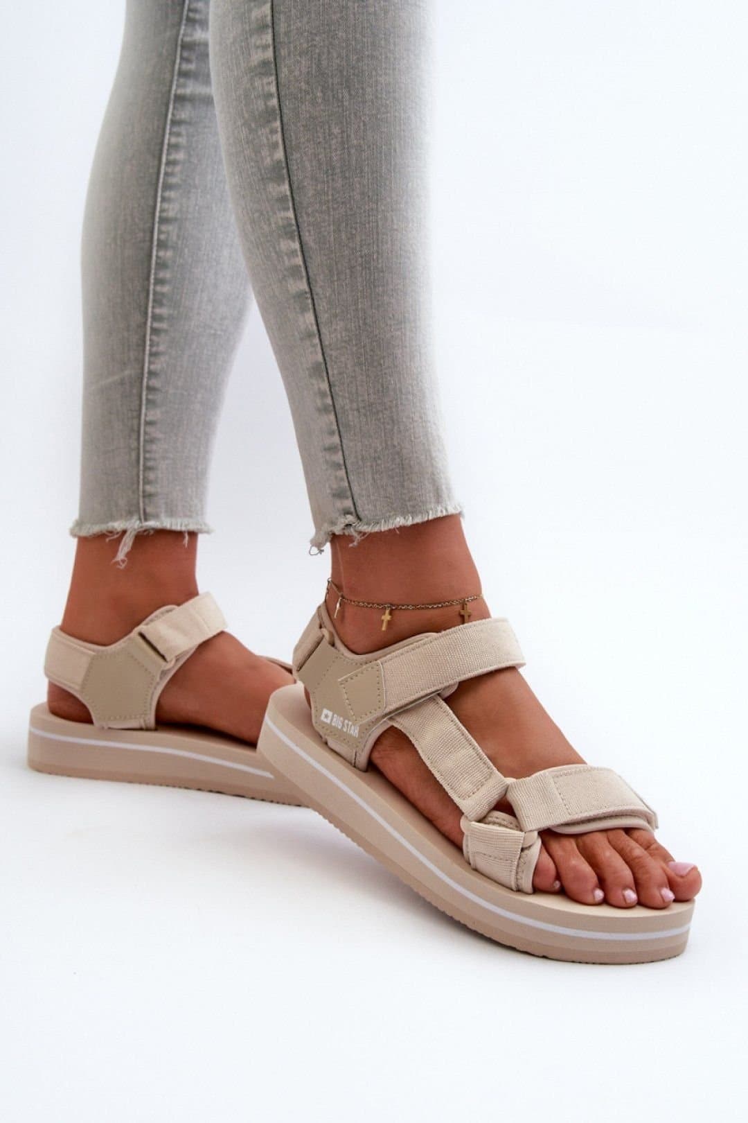 Love Lace Love Lace Women's Big Star Velcro Strap Platform Foam Sandals for Summer Comfort in Beige