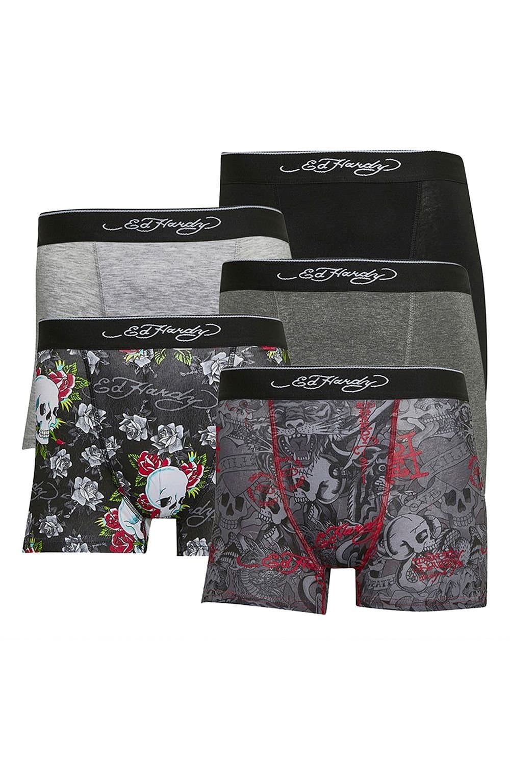 Ed Hardy Ed Hardy Men's 5 Pack Cotton Rich Stretch Boxers with Elastic Waistband Underwear in Grey