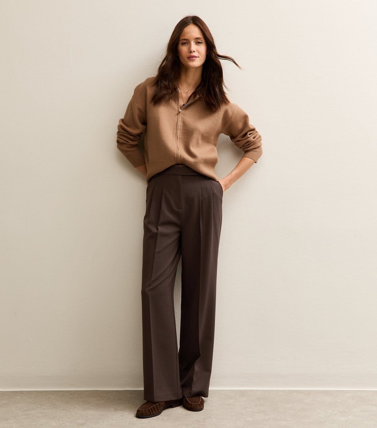 New Look Dark Brown Pleated Front Wide Leg Trousers