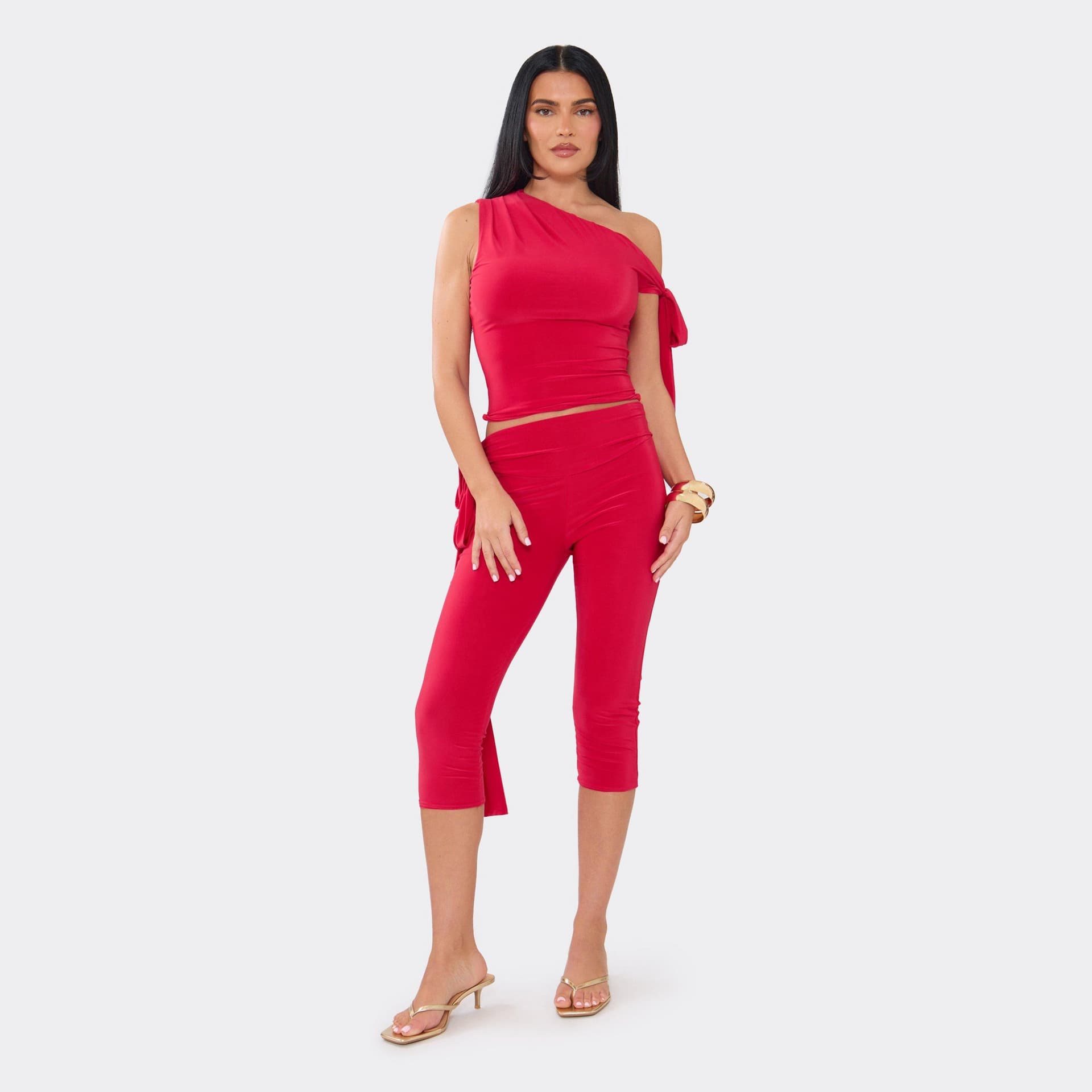 EGO Off The Shoulder Tie Drape Detail Top And Capri Leggings Co-Ord Set In Red, Women's Size UK 6
