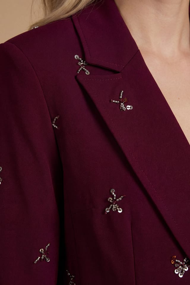 Oasis Oasis Women's Petite Feather Cuff Jewelled Blazer in Merlot - 3