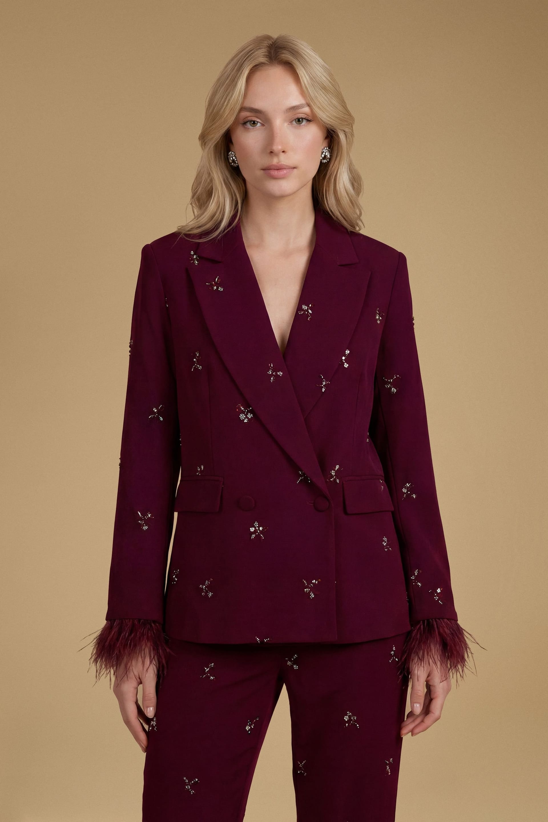 Oasis Oasis Women's Petite Feather Cuff Jewelled Blazer in Merlot - 4