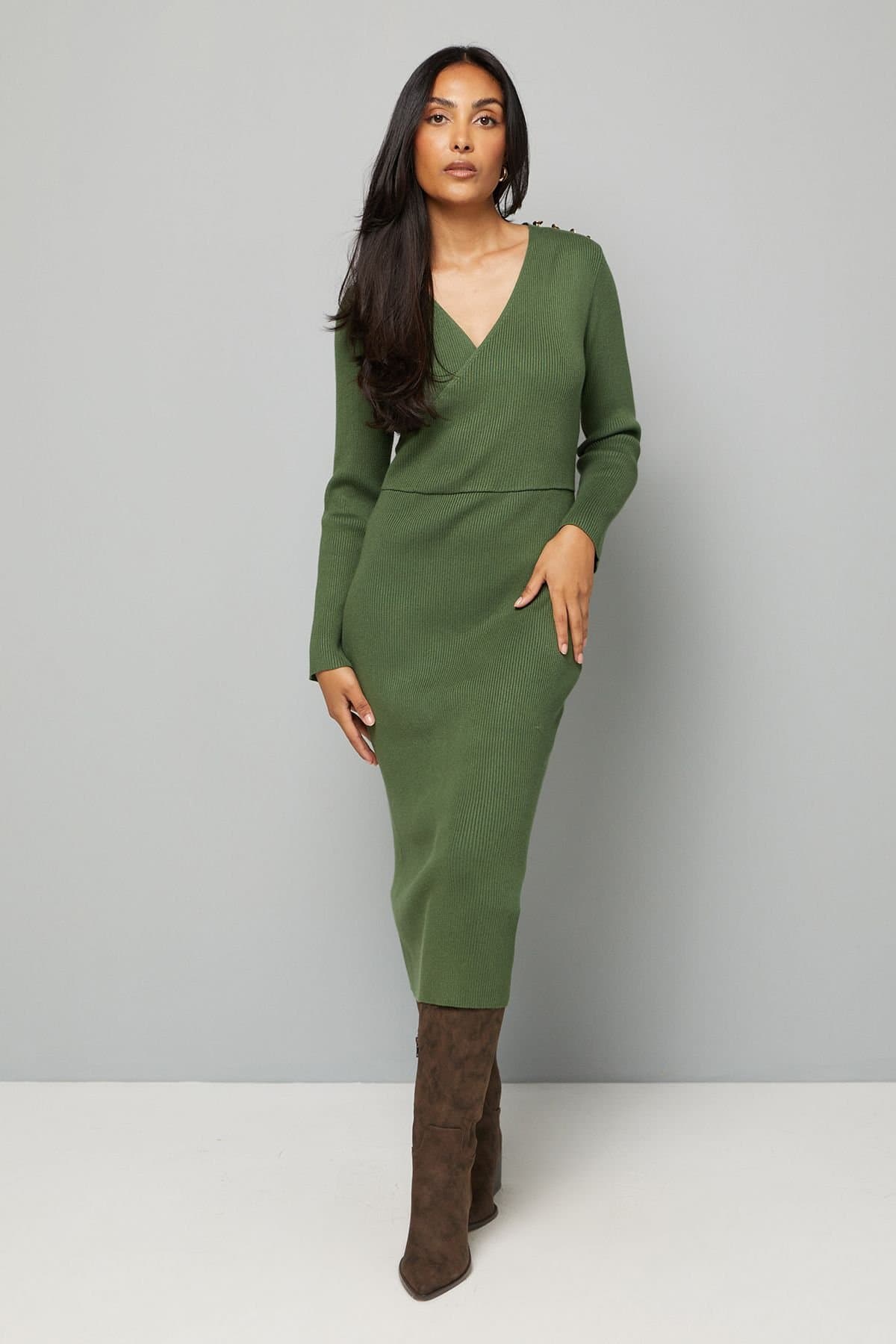 Wallis Wallis Women's Petite Asymmetric Rib Knitted Dress in Olive