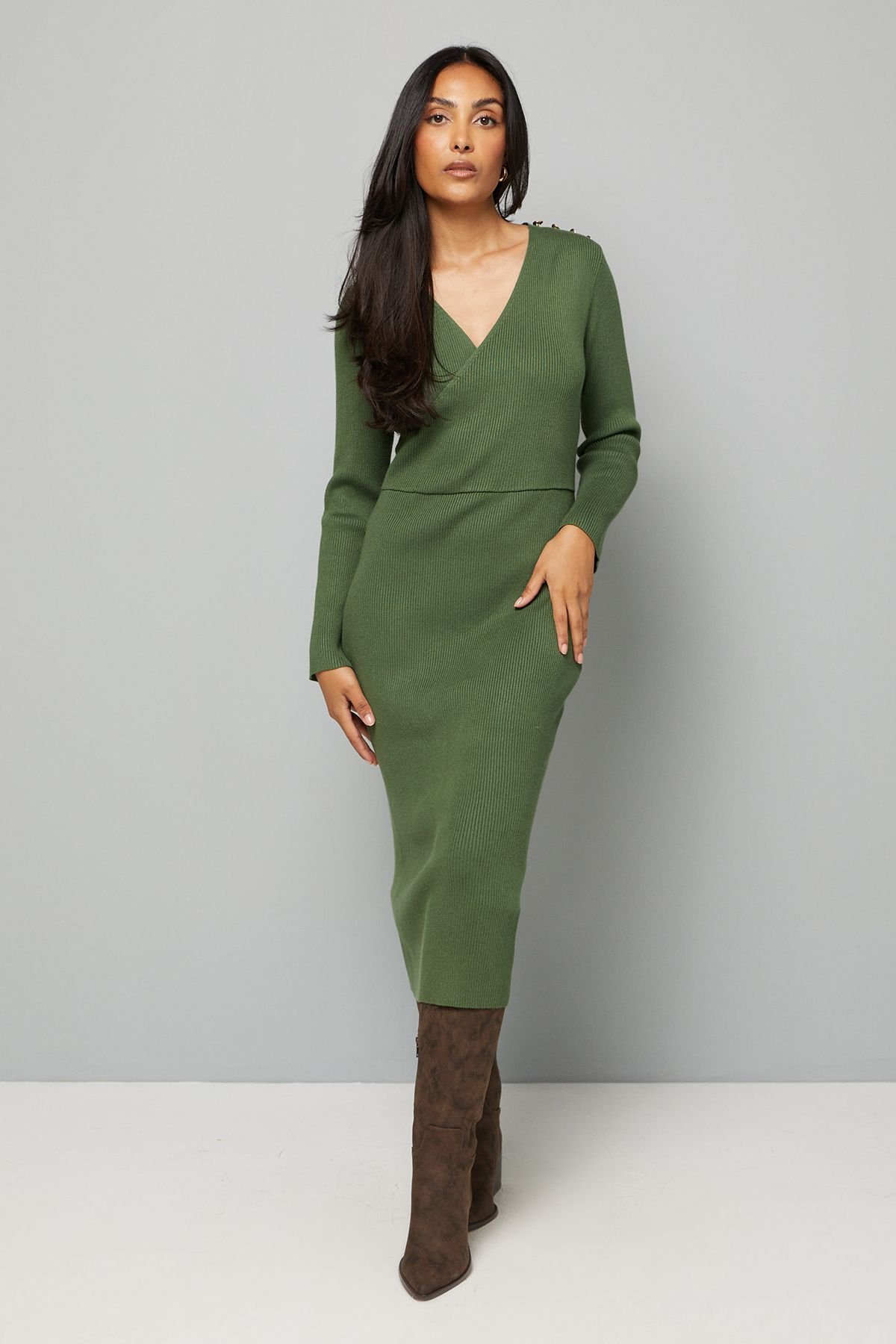 Wallis Wallis Women's Petite Asymmetric Rib Knitted Dress in Olive - 2