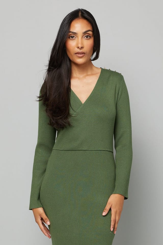 Wallis Wallis Women's Petite Asymmetric Rib Knitted Dress in Olive - 2