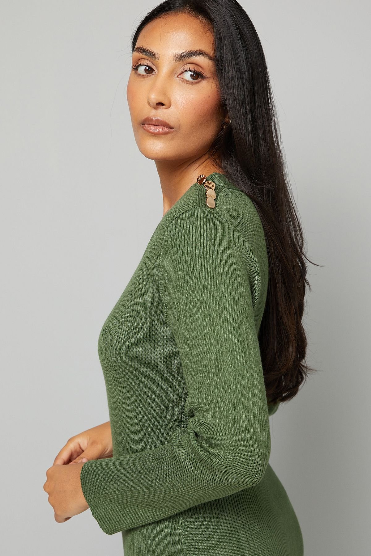 Wallis Wallis Women's Petite Asymmetric Rib Knitted Dress in Olive - 3